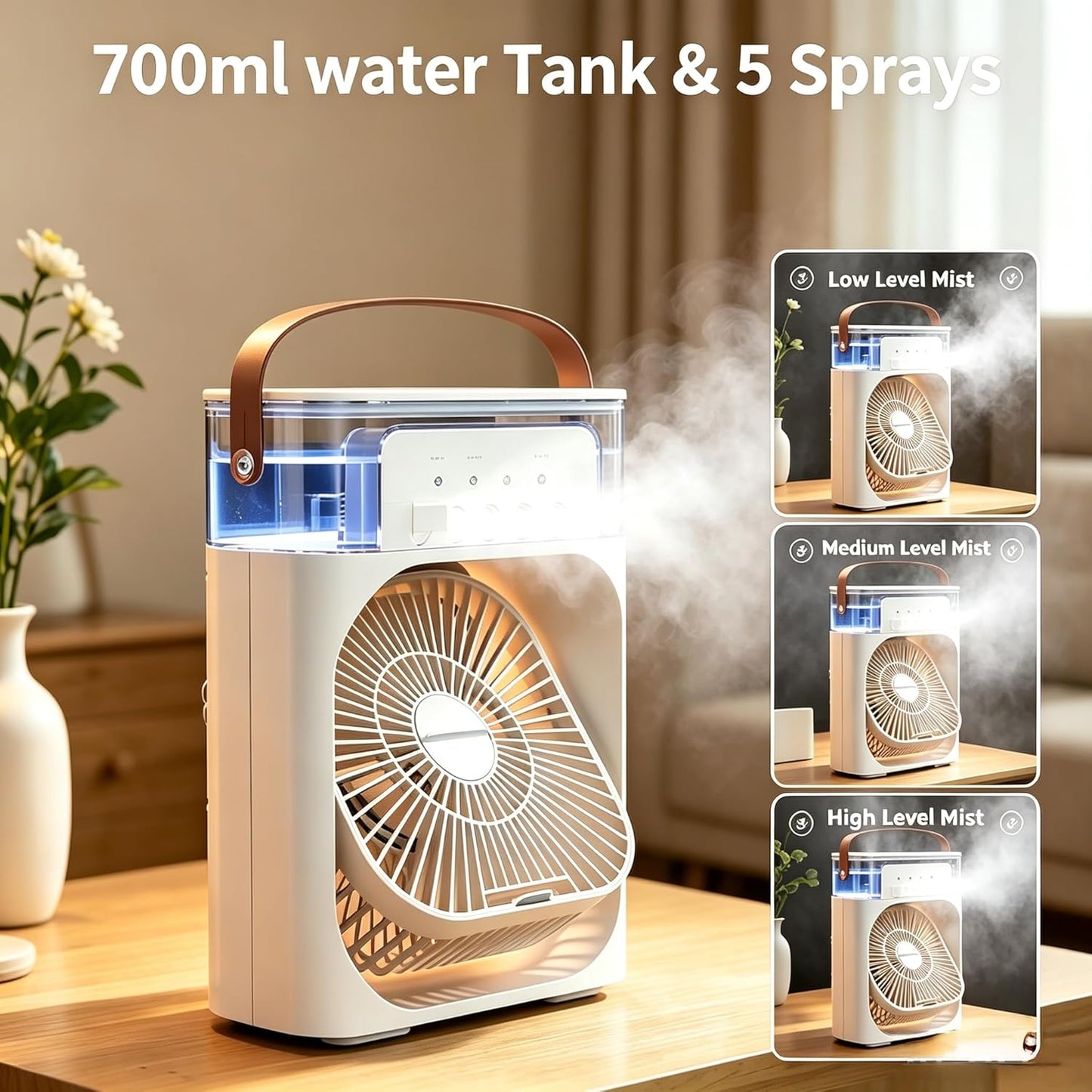 The "PolarChill" 3-in-1 Mini Air Cooler With 3 Wind Speed, 2H/4H/6H Timer, 3 Misting Modes, 7 LED Light & 250ml Water Tank,USB Charge, Fan for Office, Home, Bedroom,Camping