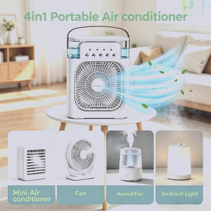 The "PolarChill" 3-in-1 Mini Air Cooler With 3 Wind Speed, 2H/4H/6H Timer, 3 Misting Modes, 7 LED Light & 250ml Water Tank,USB Charge, Fan for Office, Home, Bedroom,Camping