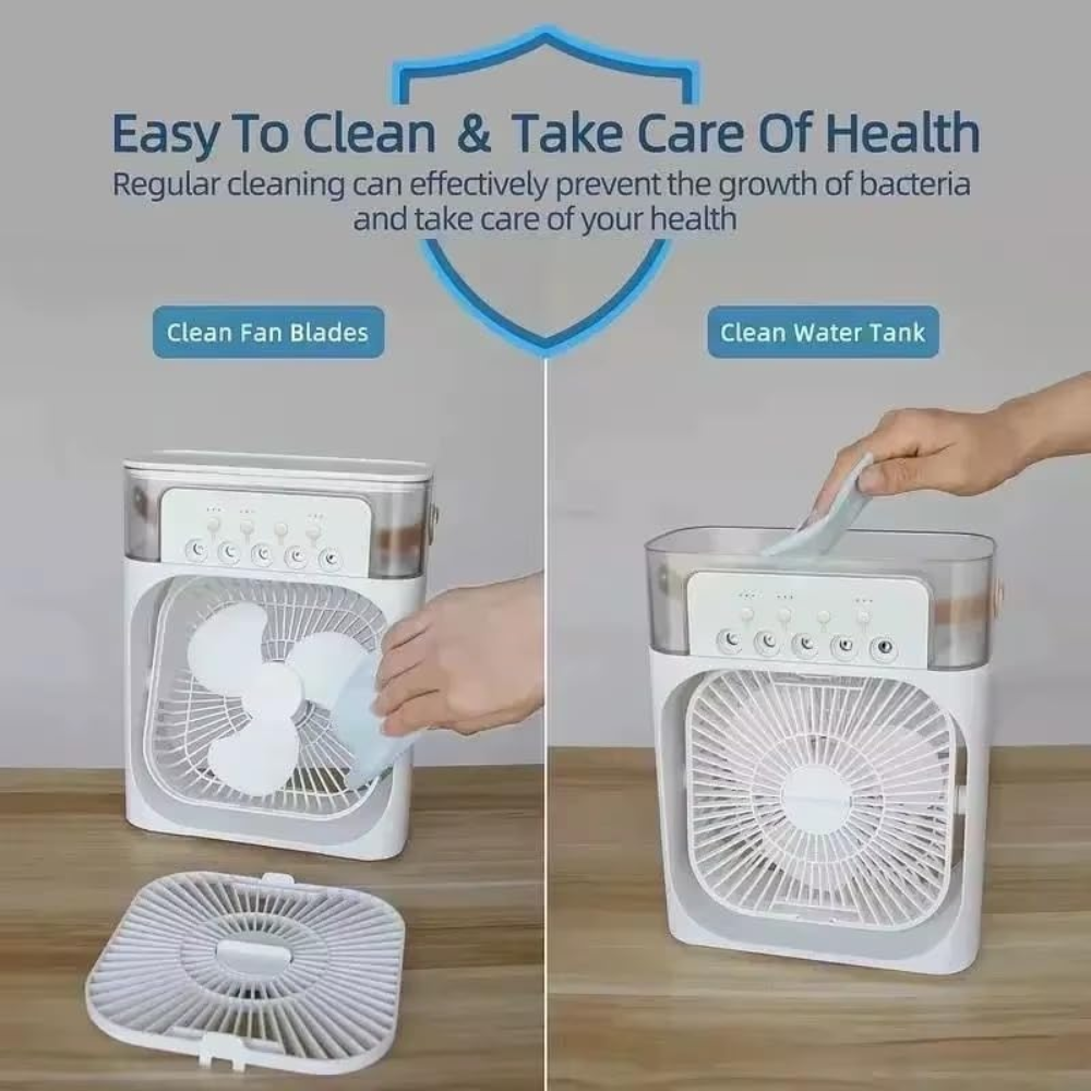 (NEW) 3-in-1 Air Cooler Humidifier Fan with LED Night Light - USB Mini Air Conditioner, 3 Fan Speeds, 3 Mist Levels, 7-Color LED, Low Noise, 400ML Water Tank