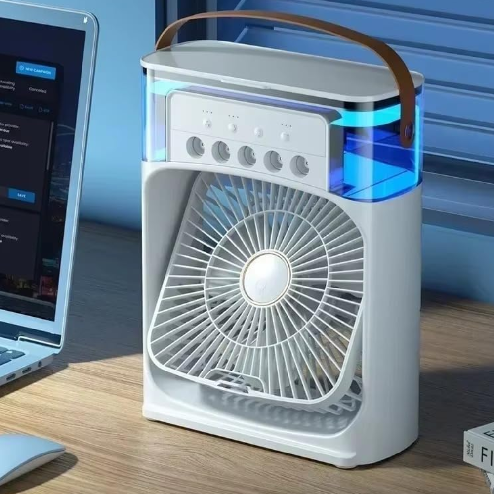 (NEW) 3-in-1 Air Cooler Humidifier Fan with LED Night Light - USB Mini Air Conditioner, 3 Fan Speeds, 3 Mist Levels, 7-Color LED, Low Noise, 400ML Water Tank
