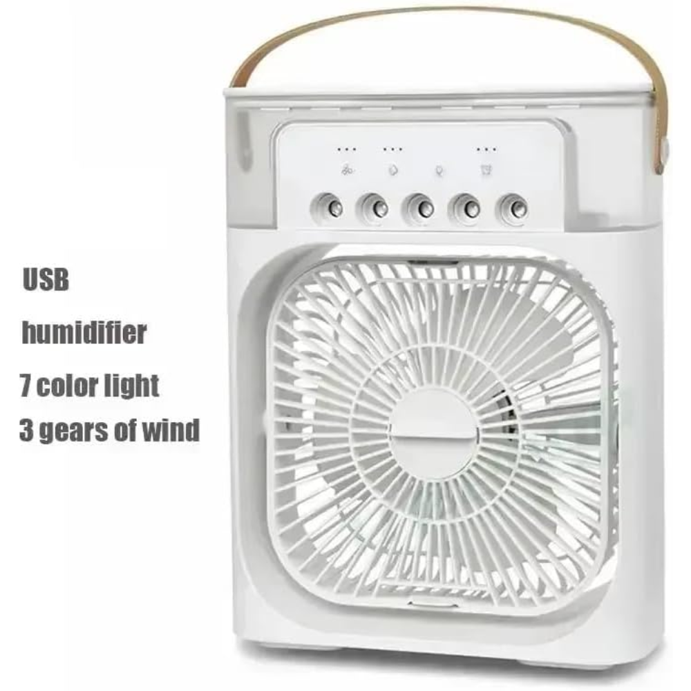 (NEW) 3-in-1 Air Cooler Humidifier Fan with LED Night Light - USB Mini Air Conditioner, 3 Fan Speeds, 3 Mist Levels, 7-Color LED, Low Noise, 400ML Water Tank