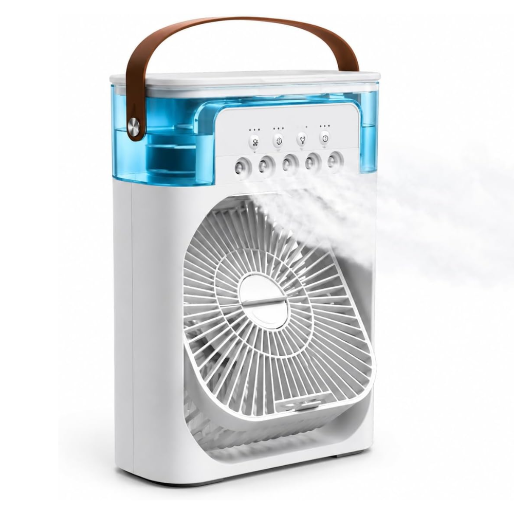 (NEW) 3-in-1 Air Cooler Humidifier Fan with LED Night Light - USB Mini Air Conditioner, 3 Fan Speeds, 3 Mist Levels, 7-Color LED, Low Noise, 400ML Water Tank