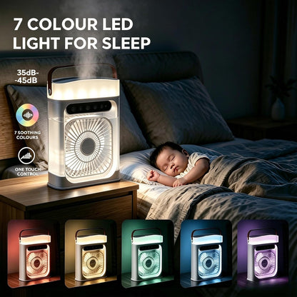 The "PolarChill" 3-in-1 Mini Air Cooler With 3 Wind Speed, 2H/4H/6H Timer, 3 Misting Modes, 7 LED Light & 250ml Water Tank,USB Charge, Fan for Office, Home, Bedroom,Camping